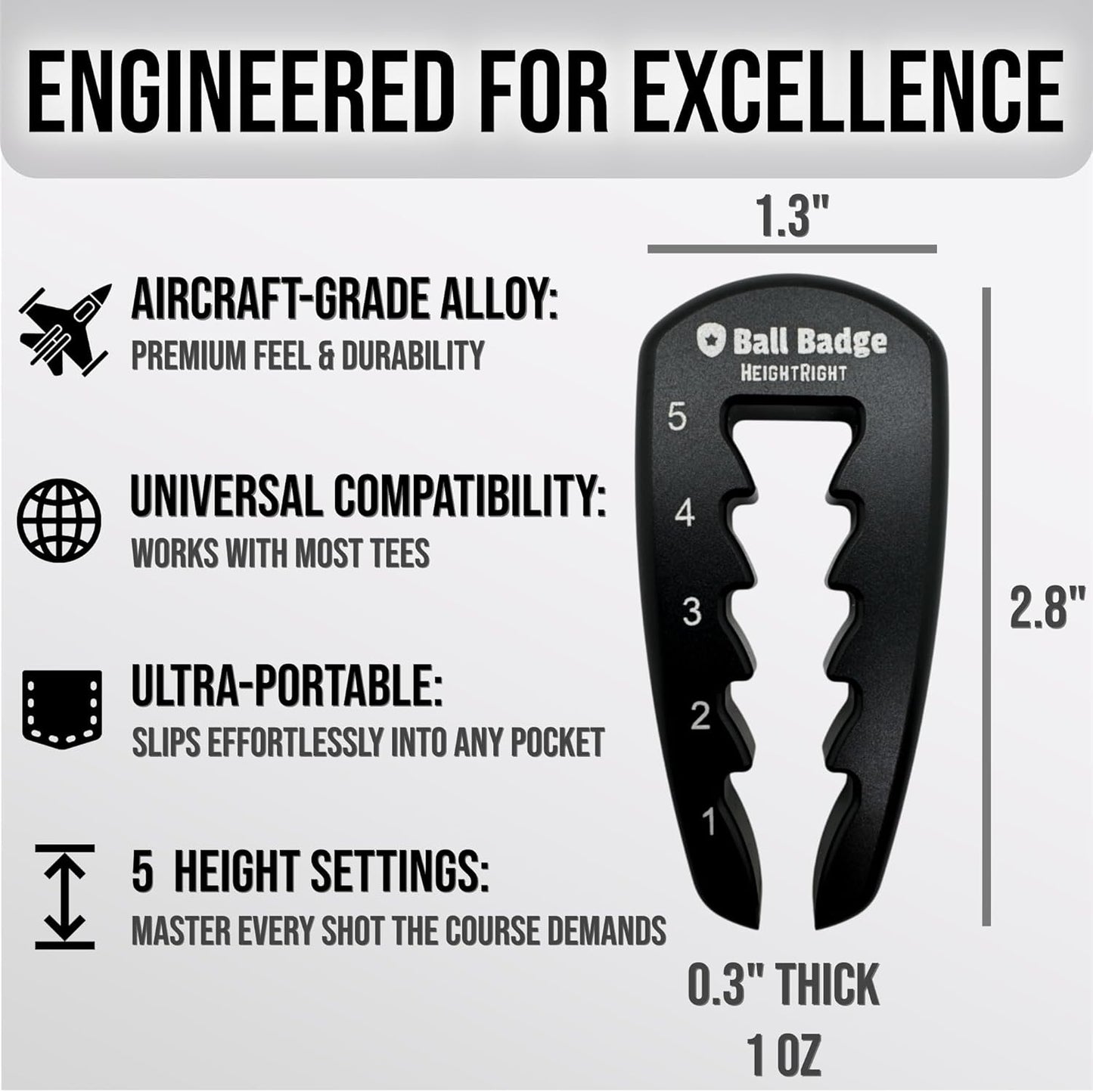 Ball Badge HeightRight Adjustable Golf Tee Height Tool – Precision Tee Height Setter for Consistent Swings, Durable Aluminum Design, Easy-to-Use Golf Training Aid