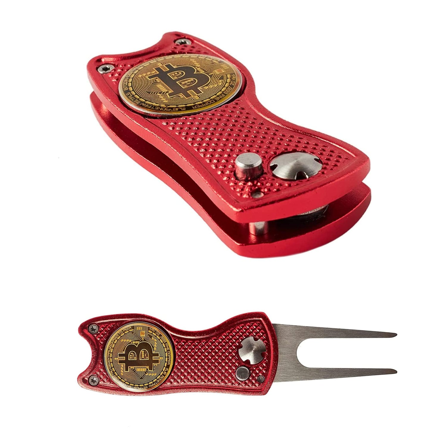 Bitcoin Golf Divot Repair Tool, All-Metal Golf Accessories - 3- in-1 Golf Multitool (Divot Tool, Ball Marker, Club Holder) | Foldable with with Pop-up Button & Magnetic Ball Marker