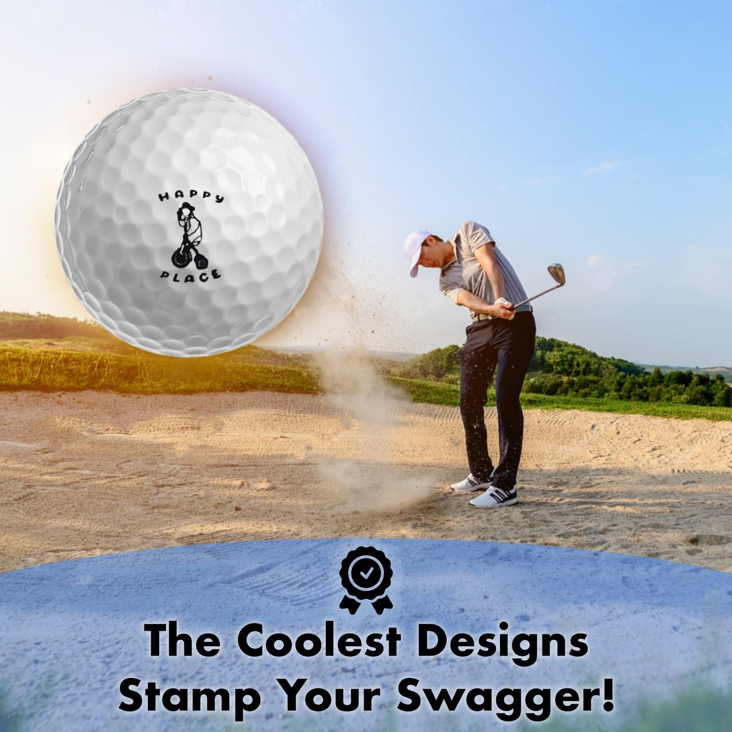 Ball Badge - Golf Ball Stamp, Self-Inking Golf Ball Stamper, Golf Ball Marker, Reusable Golf Ball Marking Tool to Identify Golf Balls - (Ball Stamp Happy Place)