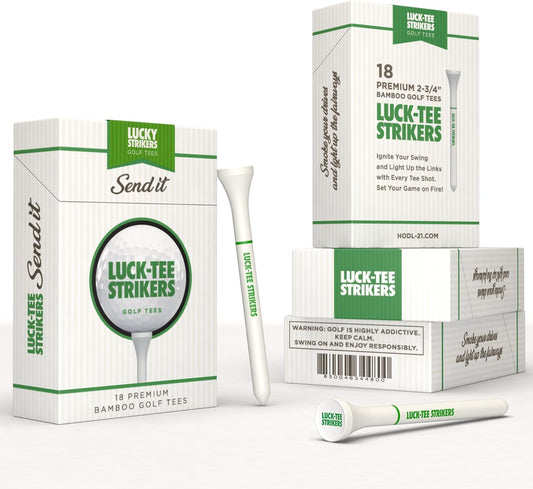 Luck-Tee Strikers Premium Bamboo Golf Tees | Pack of 18 Eco-Friendly 3.25-Inch Tees in Unique Style Packaging