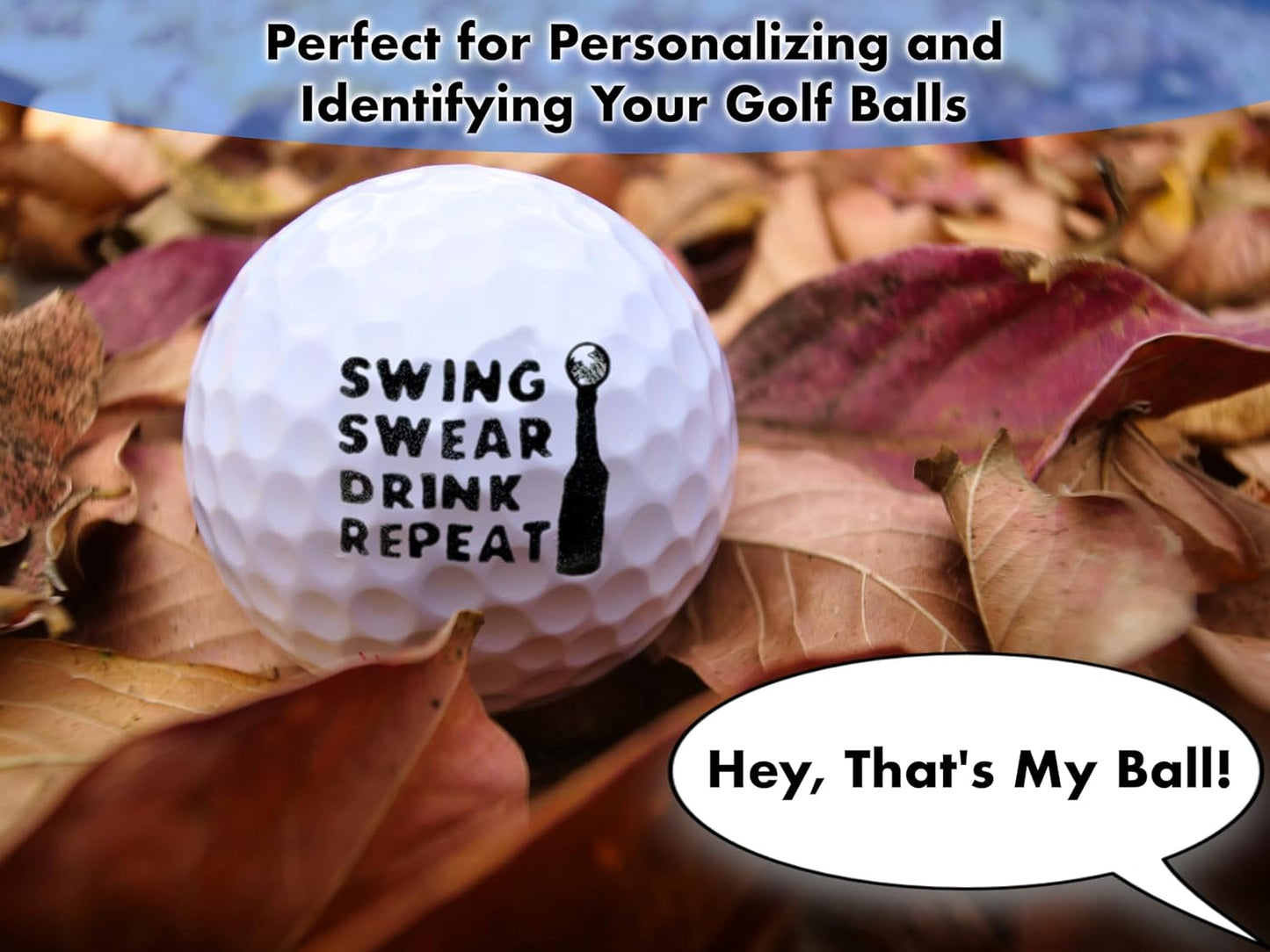 Ball Badge - Golf Ball Stamp, Self-Inking Golf Ball Stamper, Golf Ball Marker, Reusable Golf Ball Marking Tool to Identify Golf Balls - (Swing Swear Drink Repeat)
