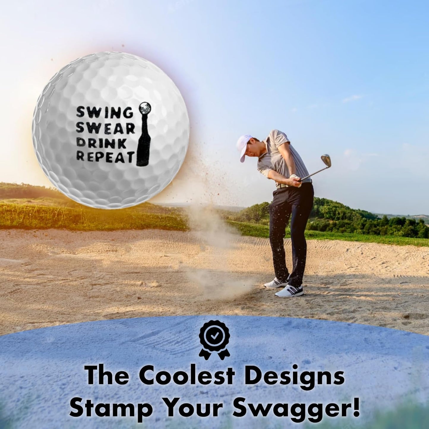 Ball Badge - Golf Ball Stamp, Self-Inking Golf Ball Stamper, Golf Ball Marker, Reusable Golf Ball Marking Tool to Identify Golf Balls - (Swing Swear Drink Repeat)