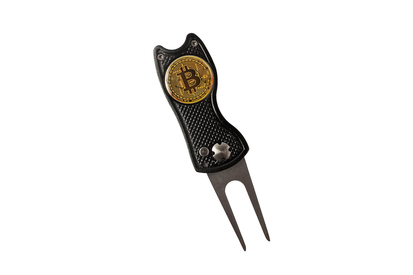 Bitcoin Golf Divot Repair Tool, All-Metal Golf Accessories - 3- in-1 Golf Multitool (Divot Tool, Ball Marker, Club Holder) | Foldable with with Pop-up Button & Magnetic Ball Marker