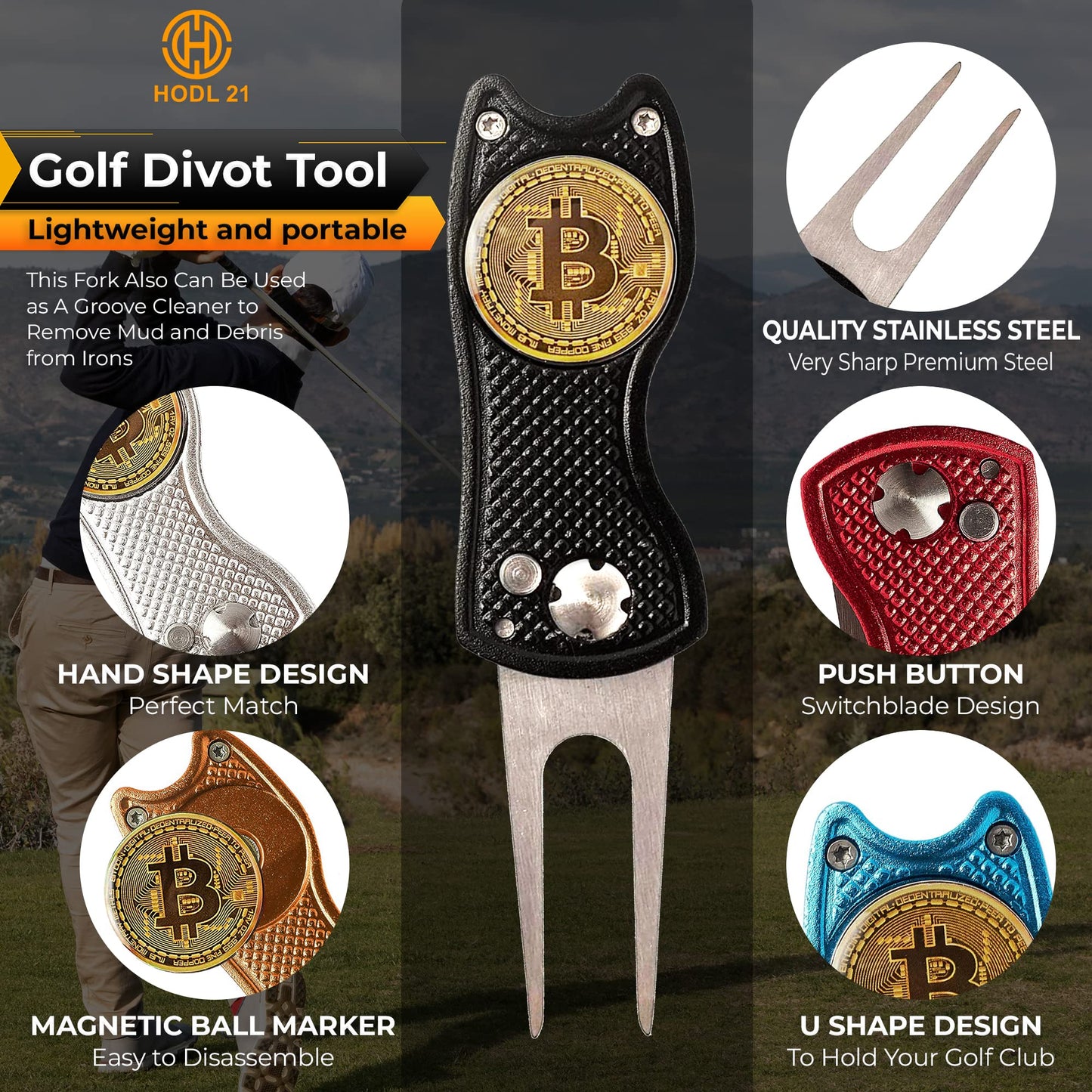 Bitcoin Golf Divot Repair Tool, All-Metal Golf Accessories - 3- in-1 Golf Multitool (Divot Tool, Ball Marker, Club Holder) | Foldable with with Pop-up Button & Magnetic Ball Marker