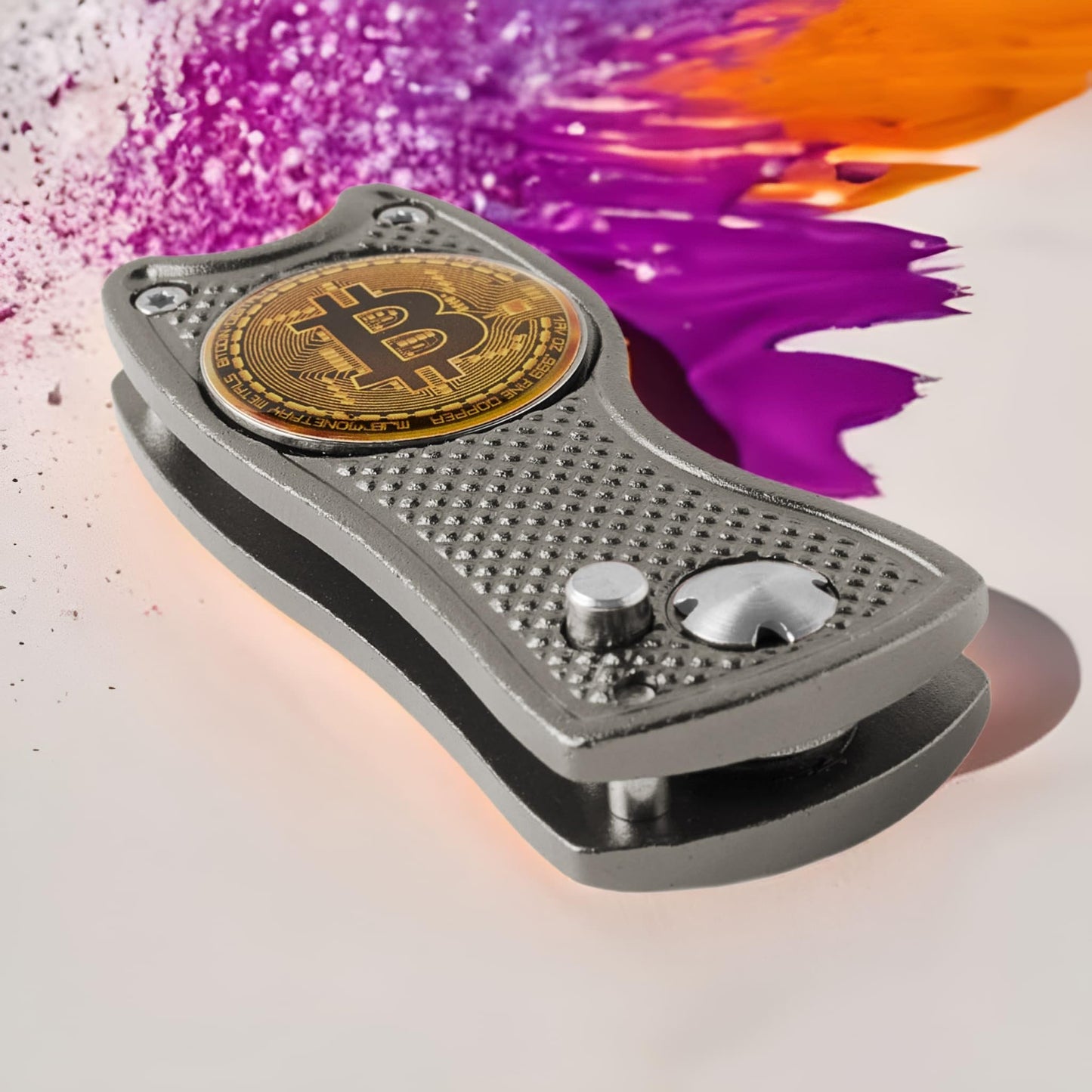 Bitcoin Golf Divot Repair Tool, All-Metal Golf Accessories - 3- in-1 Golf Multitool (Divot Tool, Ball Marker, Club Holder) | Foldable with with Pop-up Button & Magnetic Ball Marker