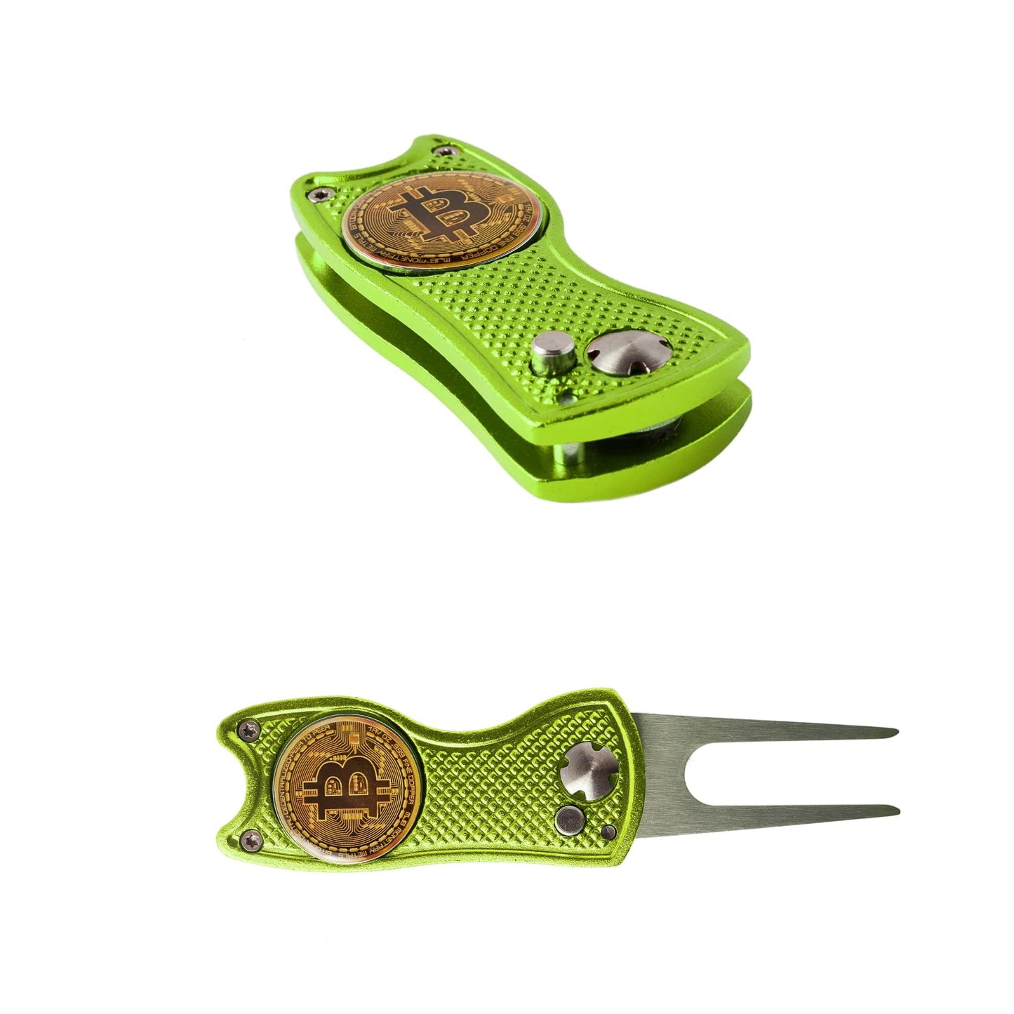 Bitcoin Golf Divot Repair Tool, All-Metal Golf Accessories - 3- in-1 Golf Multitool (Divot Tool, Ball Marker, Club Holder) | Foldable with with Pop-up Button & Magnetic Ball Marker