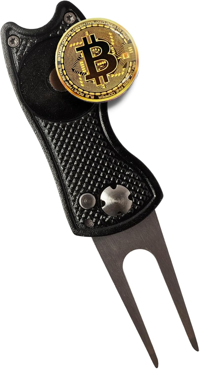 Bitcoin Golf Divot Repair Tool, All-Metal Golf Accessories - 3- in-1 Golf Multitool (Divot Tool, Ball Marker, Club Holder) | Foldable with with Pop-up Button & Magnetic Ball Marker