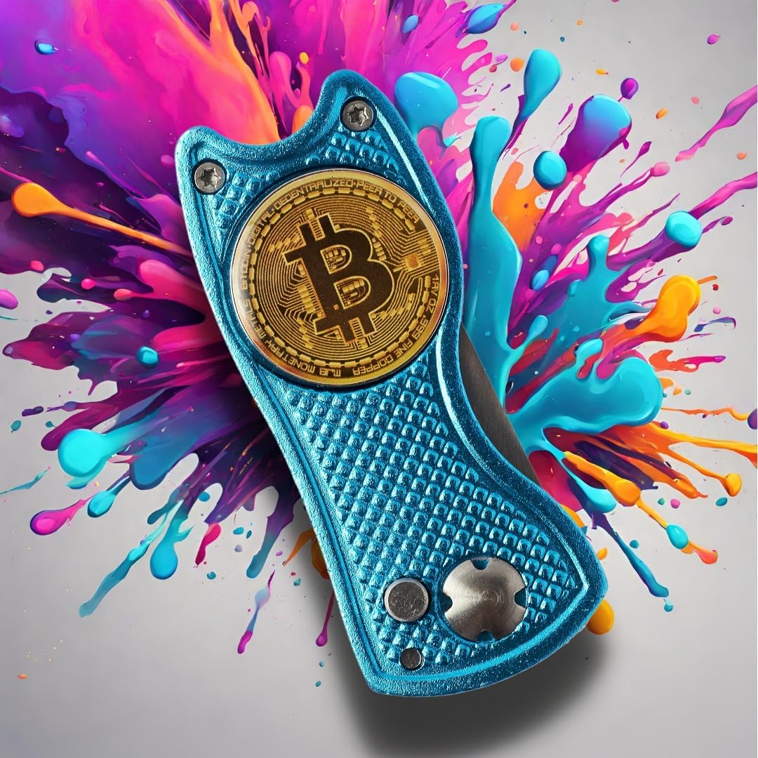 Bitcoin Golf Divot Repair Tool, All-Metal Golf Accessories - 3- in-1 Golf Multitool (Divot Tool, Ball Marker, Club Holder) | Foldable with with Pop-up Button & Magnetic Ball Marker