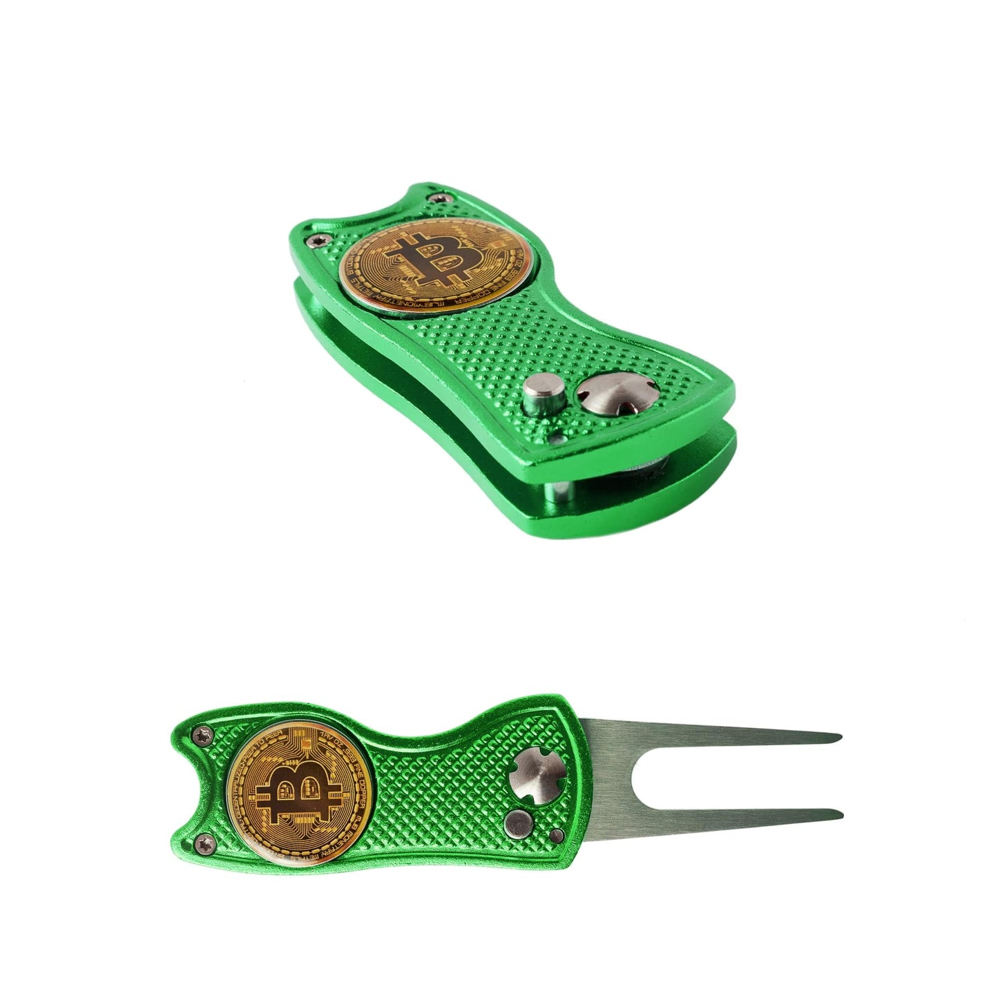 Bitcoin Golf Divot Repair Tool, All-Metal Golf Accessories - 3- in-1 Golf Multitool (Divot Tool, Ball Marker, Club Holder) | Foldable with with Pop-up Button & Magnetic Ball Marker