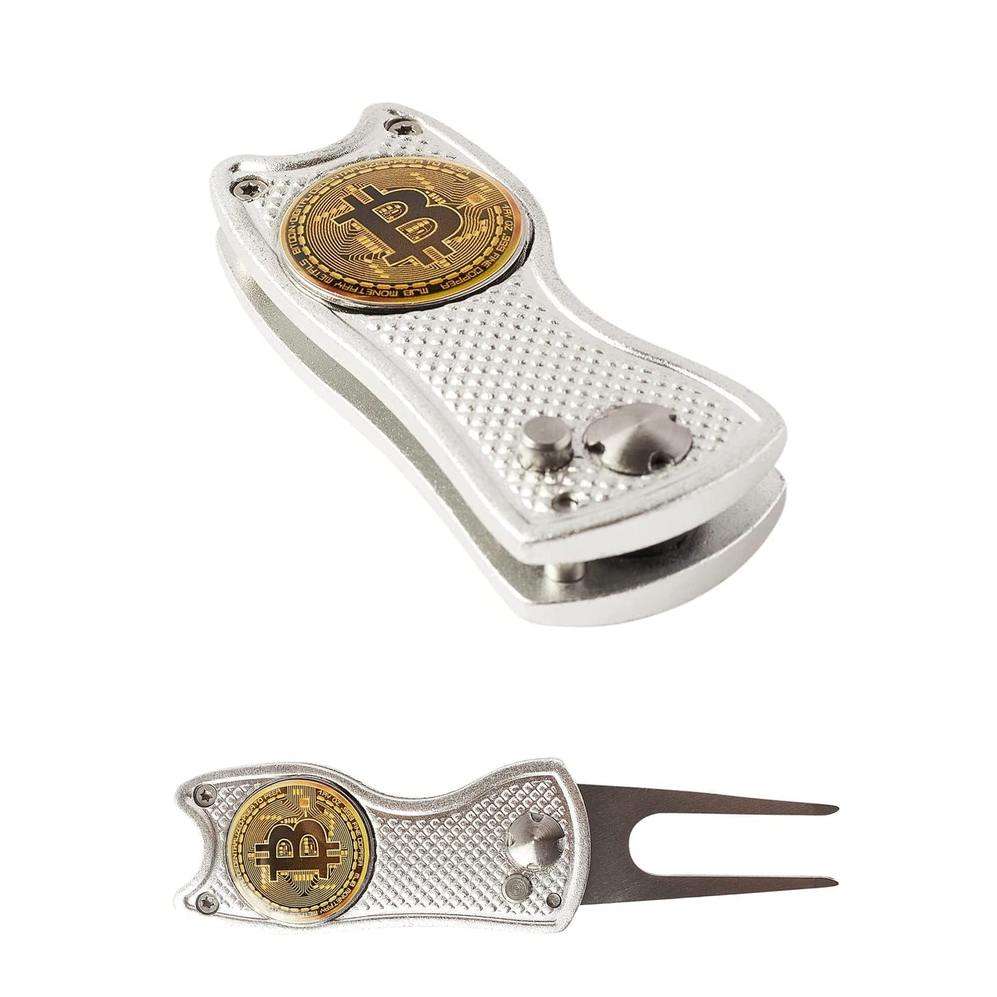 Bitcoin Golf Divot Repair Tool, All-Metal Golf Accessories - 3- in-1 Golf Multitool (Divot Tool, Ball Marker, Club Holder) | Foldable with with Pop-up Button & Magnetic Ball Marker