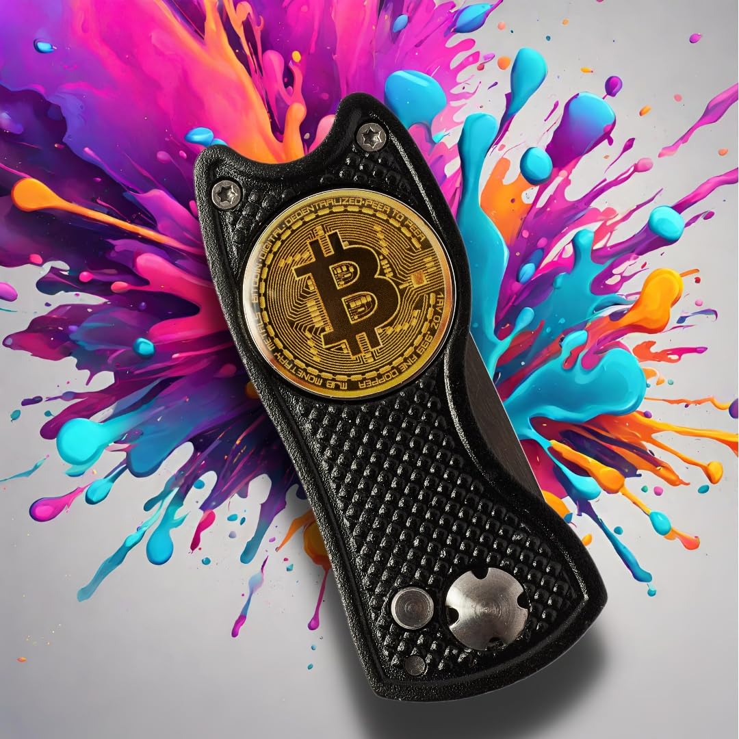 Bitcoin Golf Divot Repair Tool, All-Metal Golf Accessories - 3- in-1 Golf Multitool (Divot Tool, Ball Marker, Club Holder) | Foldable with with Pop-up Button & Magnetic Ball Marker