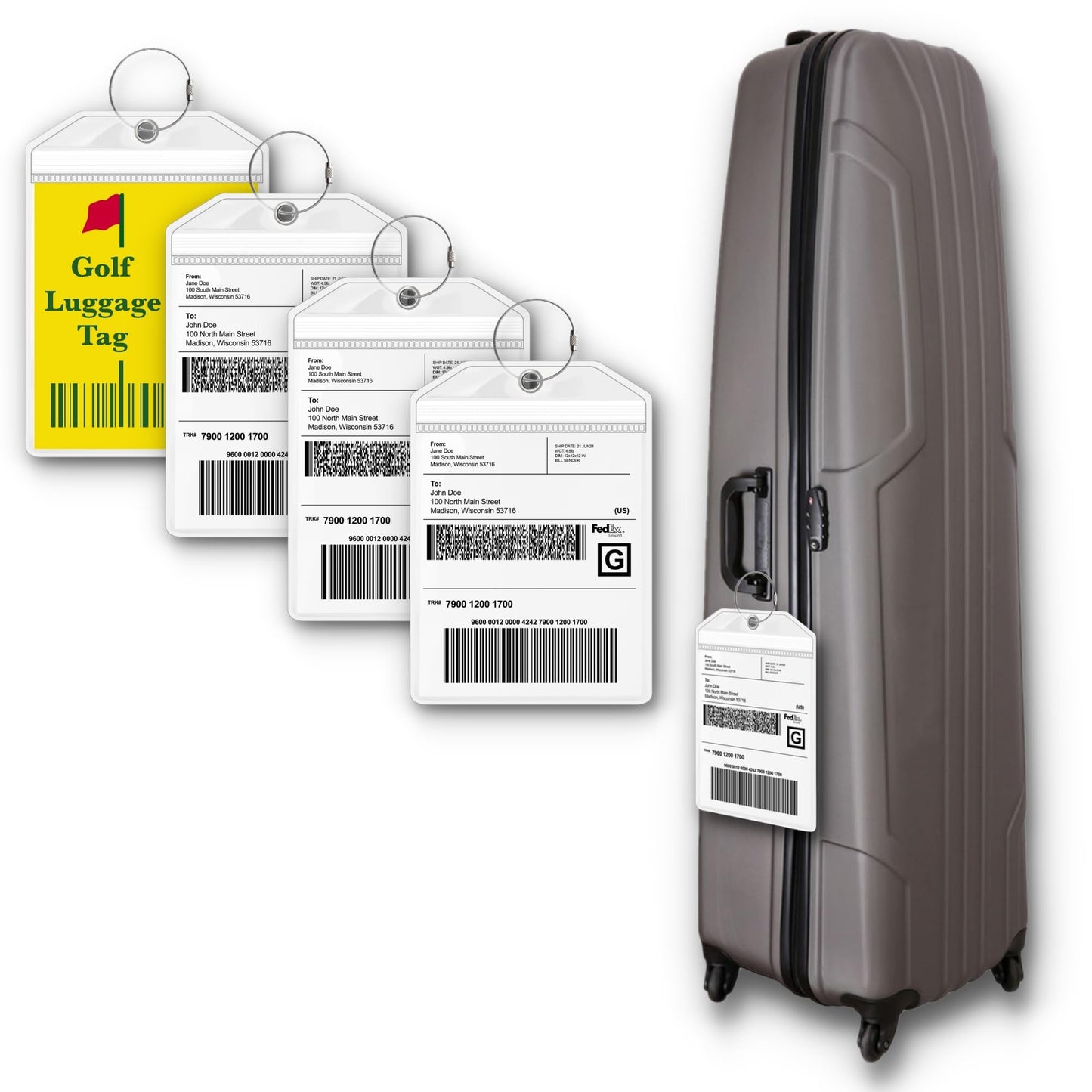 Golf Bag Luggage Tag - Extra Large 9" x 6", Waterproof Plastic Zipper Pouch, PVC Bag Tags for Golf Bag - Sealable Label Holder for Golf Bag (4 Pack)