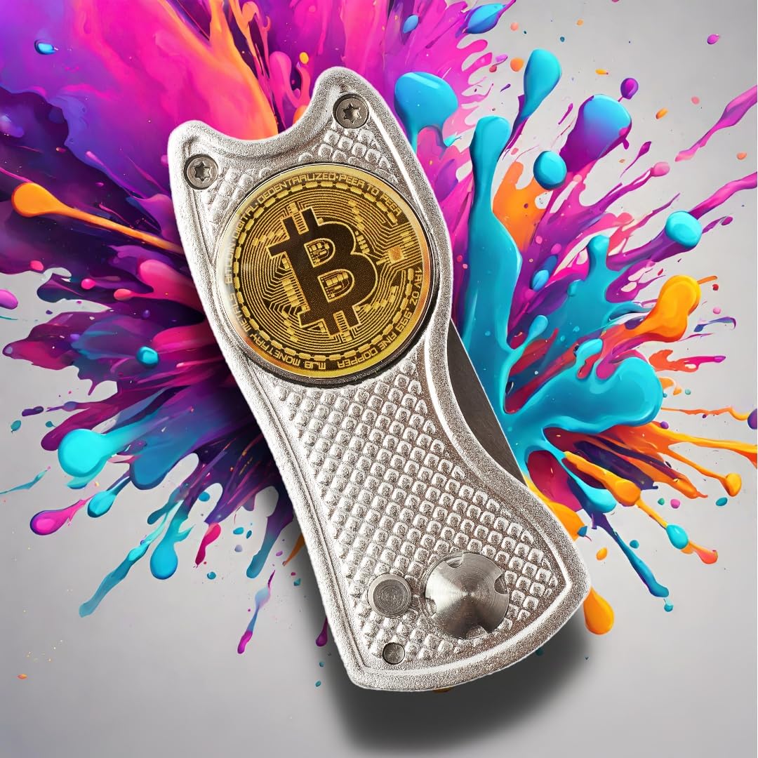 Bitcoin Golf Divot Repair Tool, All-Metal Golf Accessories - 3- in-1 Golf Multitool (Divot Tool, Ball Marker, Club Holder) | Foldable with with Pop-up Button & Magnetic Ball Marker