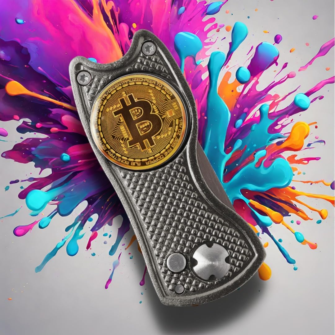 Bitcoin Golf Divot Repair Tool, All-Metal Golf Accessories - 3- in-1 Golf Multitool (Divot Tool, Ball Marker, Club Holder) | Foldable with with Pop-up Button & Magnetic Ball Marker
