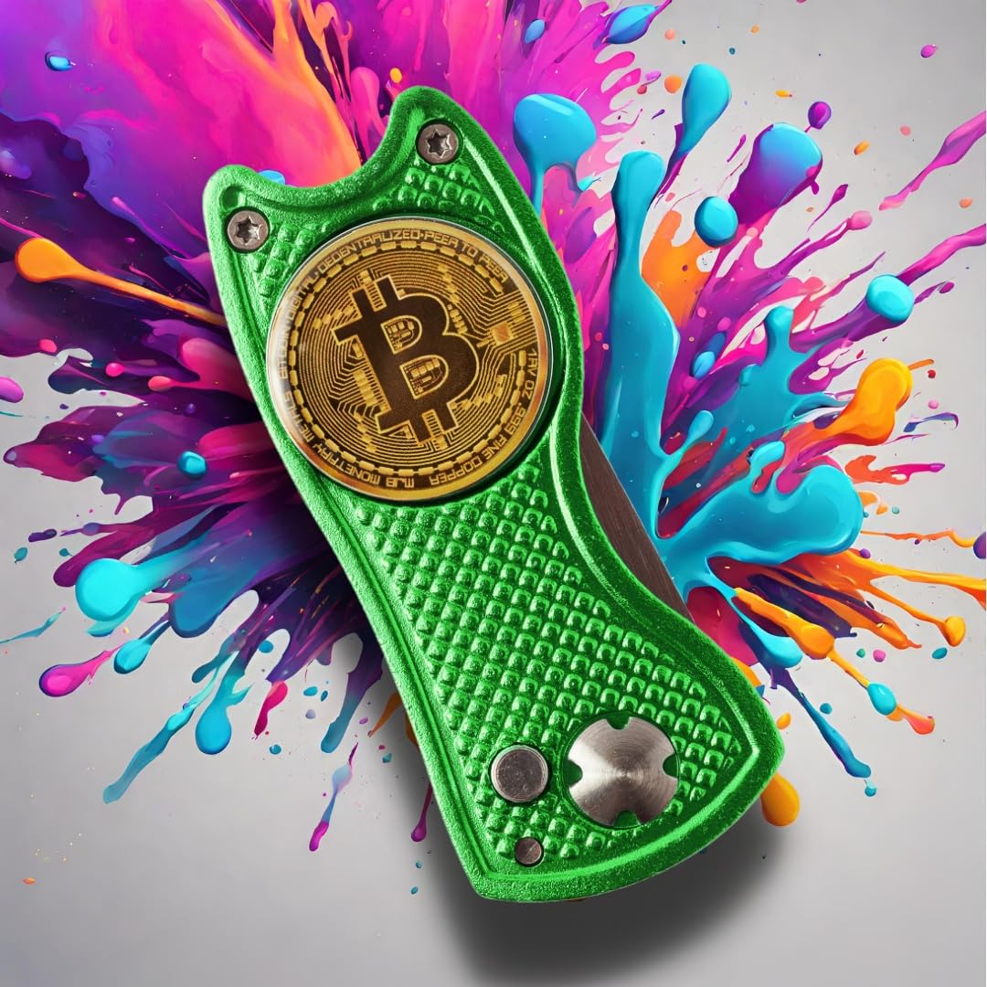 Bitcoin Golf Divot Repair Tool, All-Metal Golf Accessories - 3- in-1 Golf Multitool (Divot Tool, Ball Marker, Club Holder) | Foldable with with Pop-up Button & Magnetic Ball Marker