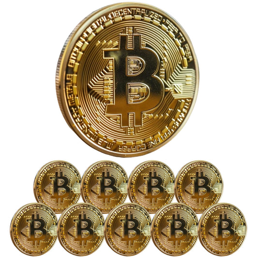 Bitcoin Coin - Commemorative BTC Coins Plus Clear Protective Case, Physical Bitcoin, Collector's Gold Metal Crypto Token, Cryptocurrency Gifts, Limited Edition Collectible Plus Protective Case - 10 Pack