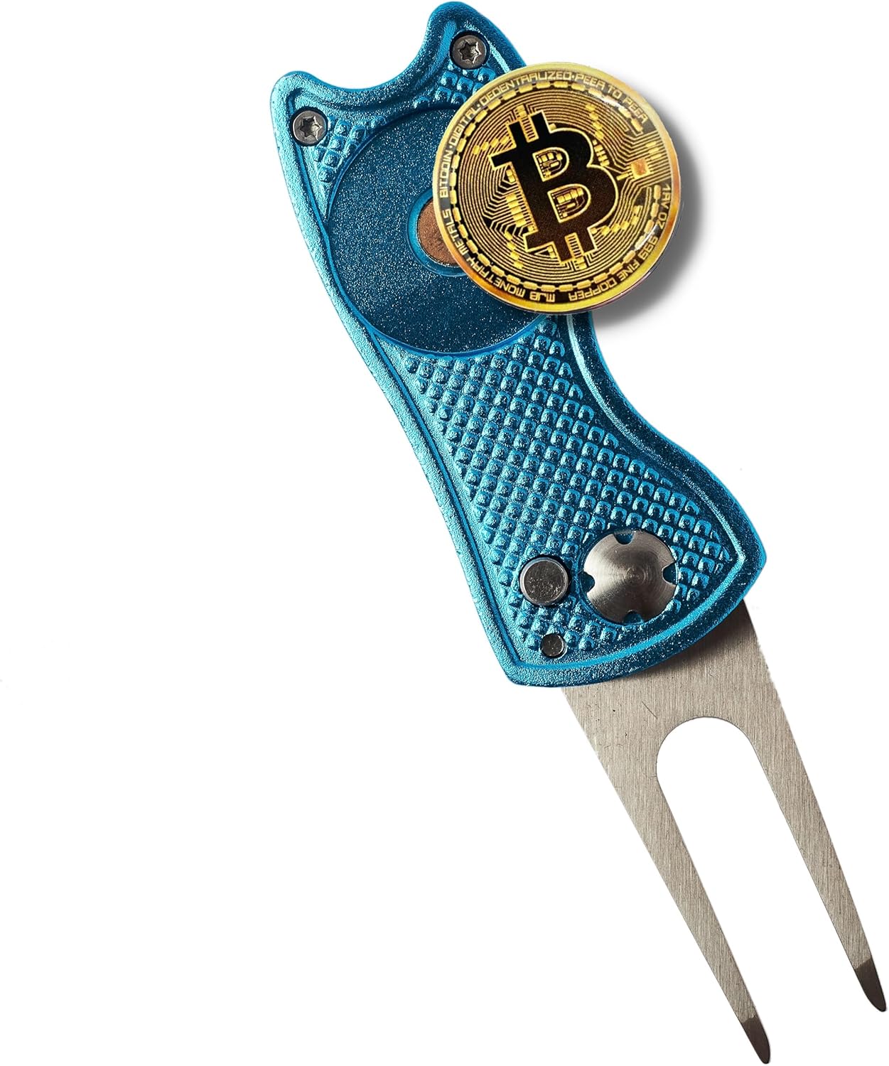 Bitcoin Golf Divot Repair Tool, All-Metal Golf Accessories - 3- in-1 Golf Multitool (Divot Tool, Ball Marker, Club Holder) | Foldable with with Pop-up Button & Magnetic Ball Marker