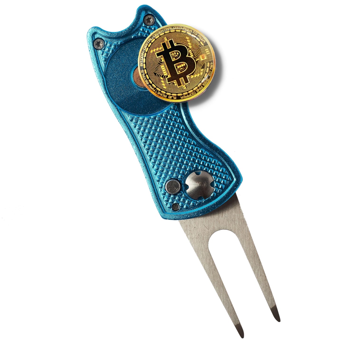 Bitcoin Golf Divot Repair Tool, All-Metal Golf Accessories - 3- in-1 Golf Multitool (Divot Tool, Ball Marker, Club Holder) | Foldable with with Pop-up Button & Magnetic Ball Marker