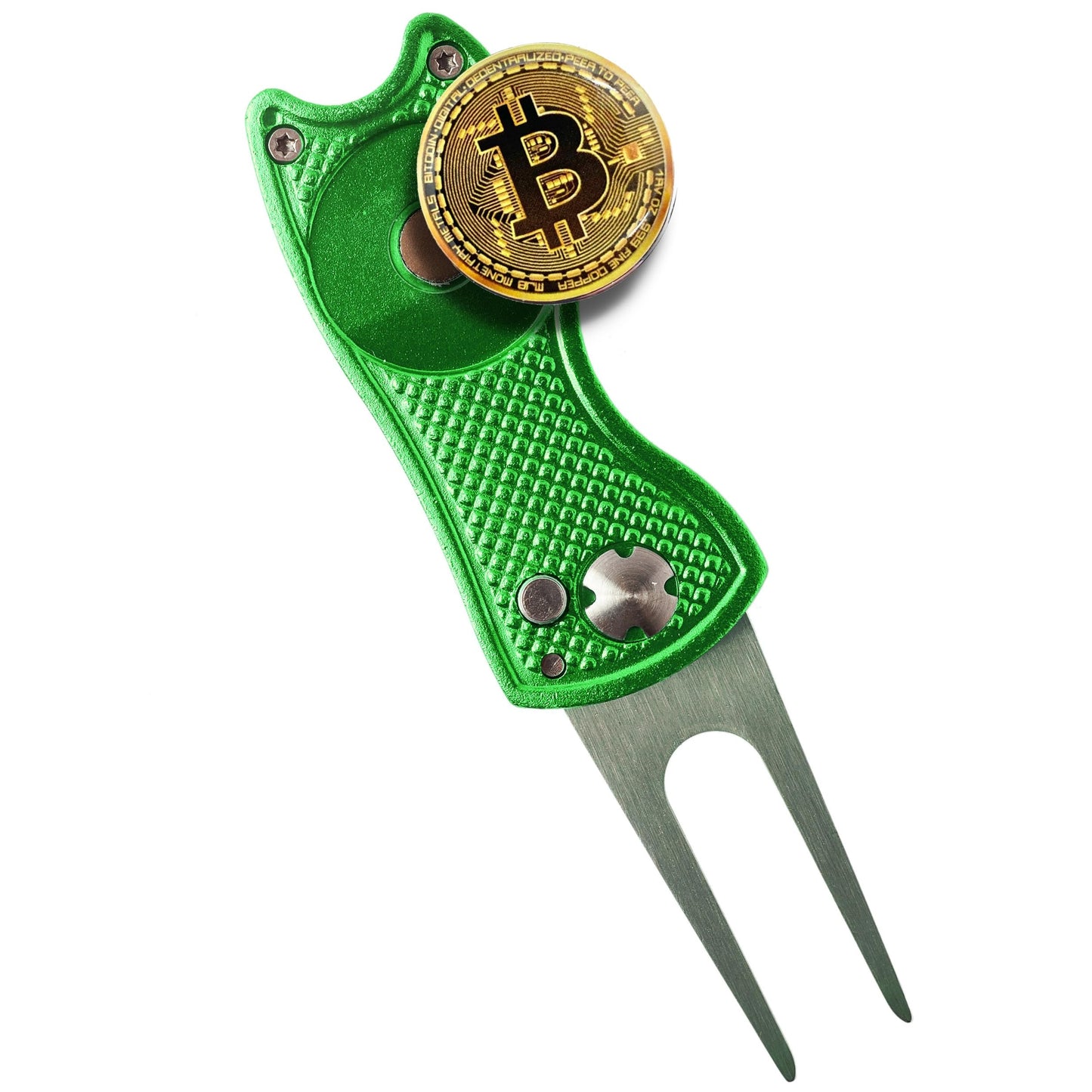 Bitcoin Golf Divot Repair Tool, All-Metal Golf Accessories - 3- in-1 Golf Multitool (Divot Tool, Ball Marker, Club Holder) | Foldable with with Pop-up Button & Magnetic Ball Marker