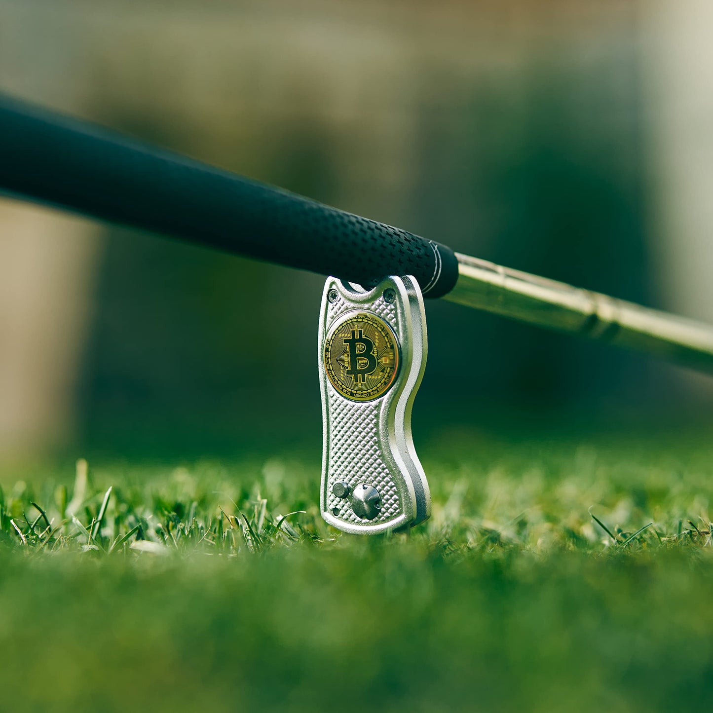 Bitcoin Golf Divot Repair Tool, All-Metal Golf Accessories - 3- in-1 Golf Multitool (Divot Tool, Ball Marker, Club Holder) | Foldable with with Pop-up Button & Magnetic Ball Marker
