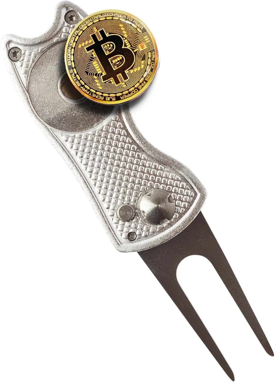 Bitcoin Golf Divot Repair Tool, All-Metal Golf Accessories - 3- in-1 Golf Multitool (Divot Tool, Ball Marker, Club Holder) | Foldable with with Pop-up Button & Magnetic Ball Marker