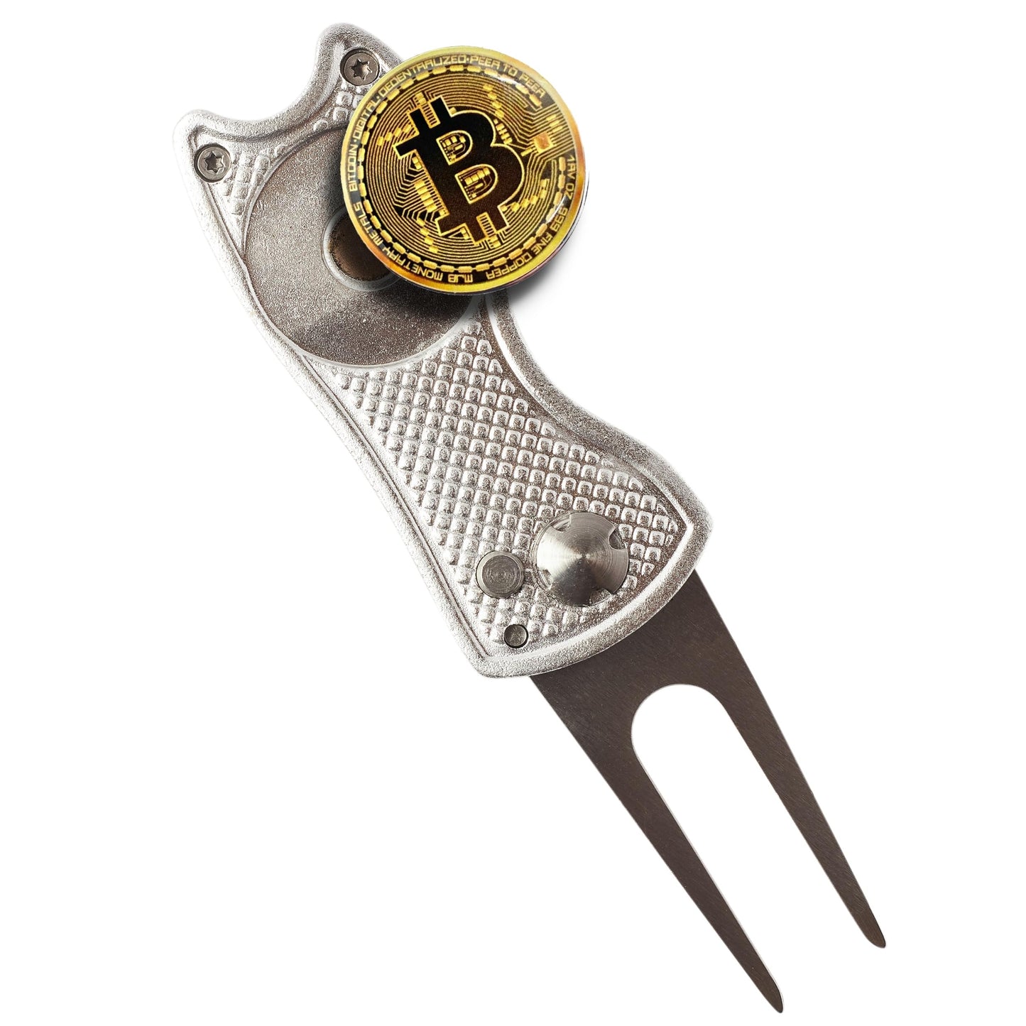 Bitcoin Golf Divot Repair Tool, All-Metal Golf Accessories - 3- in-1 Golf Multitool (Divot Tool, Ball Marker, Club Holder) | Foldable with with Pop-up Button & Magnetic Ball Marker