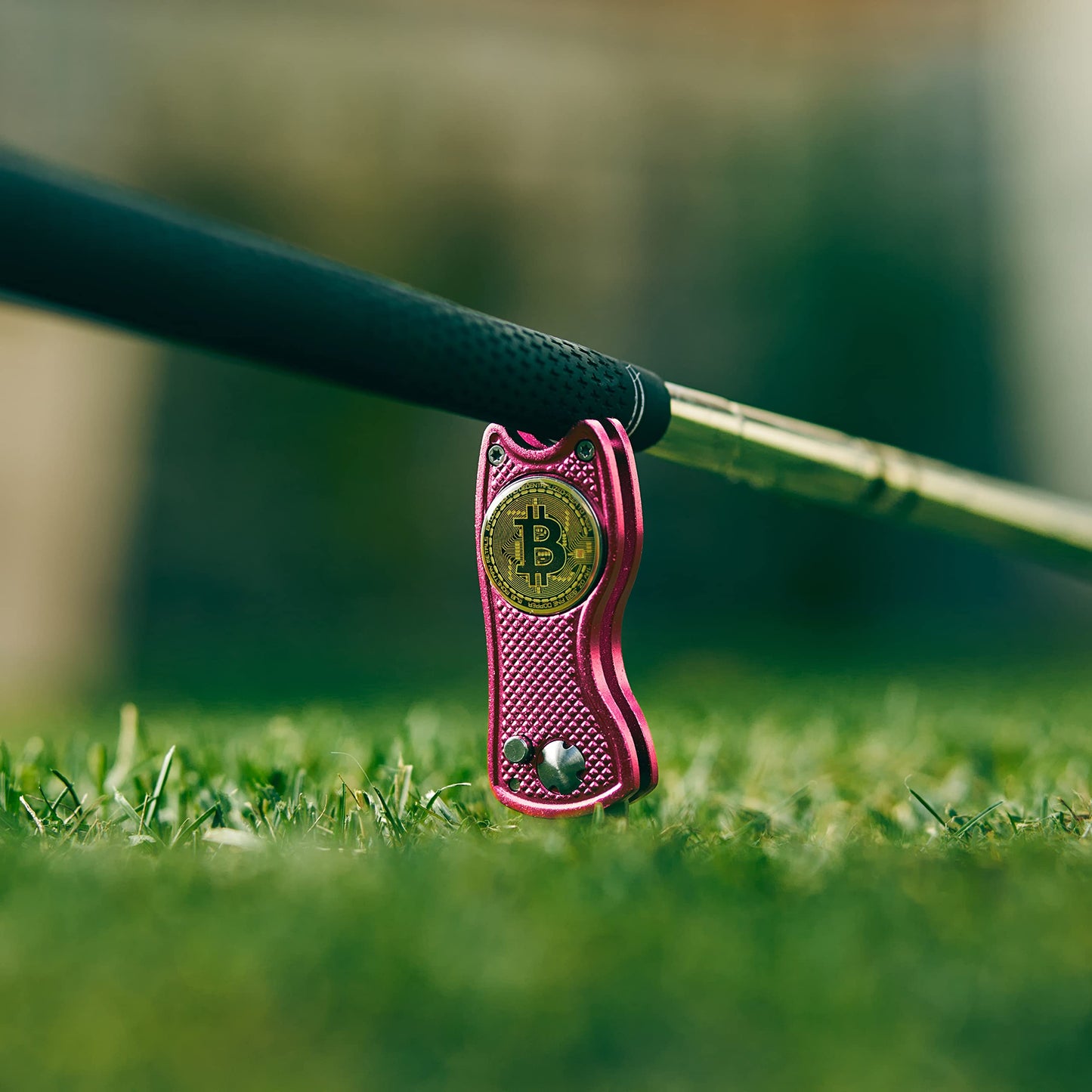 Bitcoin Golf Divot Repair Tool, All-Metal Golf Accessories - 3- in-1 Golf Multitool (Divot Tool, Ball Marker, Club Holder) | Foldable with with Pop-up Button & Magnetic Ball Marker
