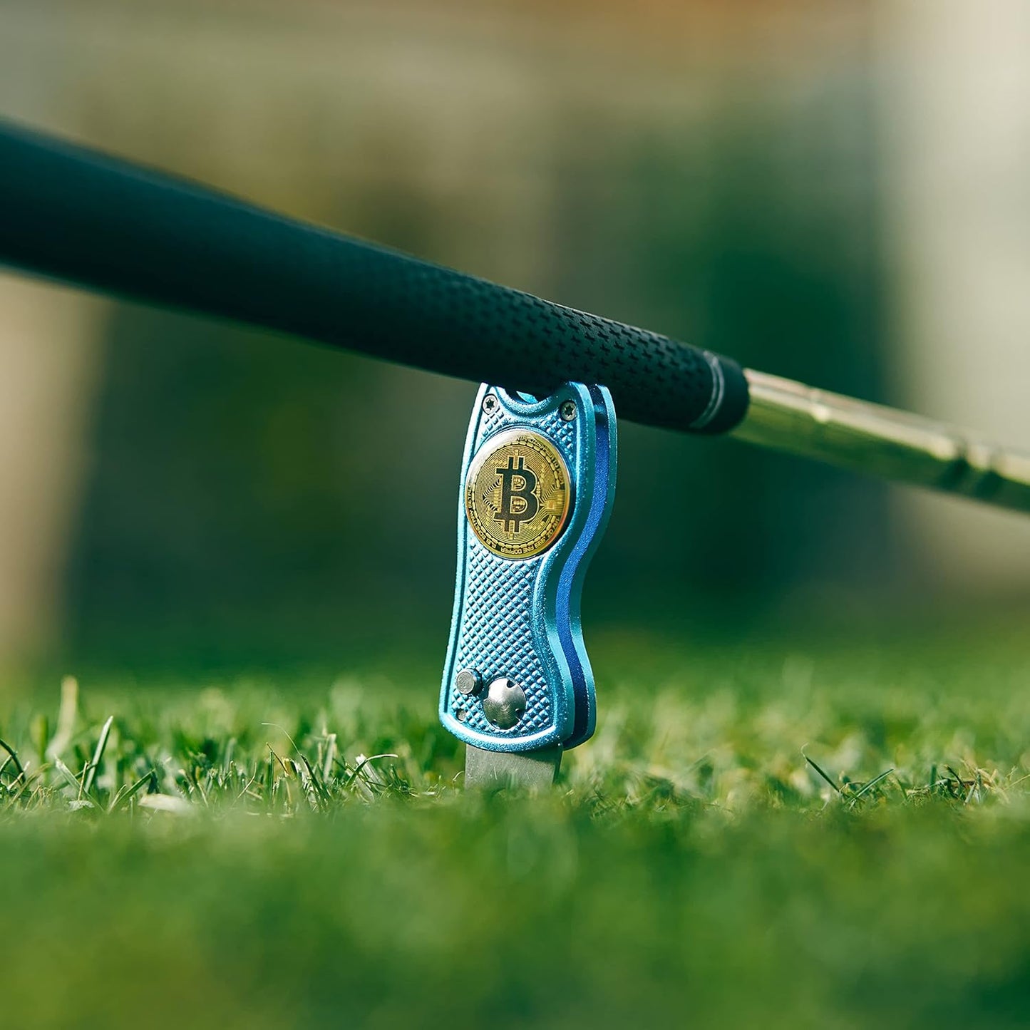 Bitcoin Golf Divot Repair Tool, All-Metal Golf Accessories - 3- in-1 Golf Multitool (Divot Tool, Ball Marker, Club Holder) | Foldable with with Pop-up Button & Magnetic Ball Marker