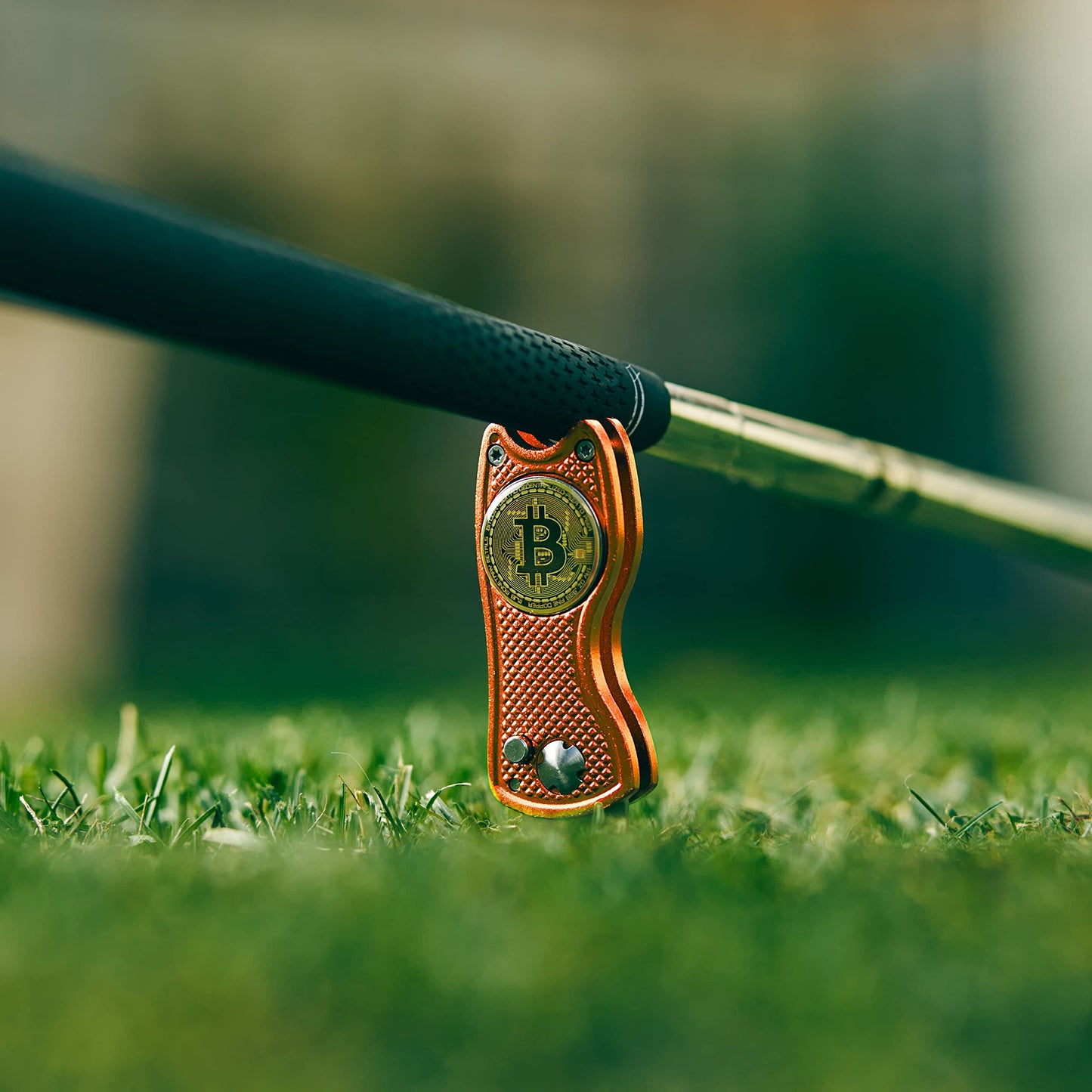 Bitcoin Golf Divot Repair Tool, All-Metal Golf Accessories - 3- in-1 Golf Multitool (Divot Tool, Ball Marker, Club Holder) | Foldable with with Pop-up Button & Magnetic Ball Marker