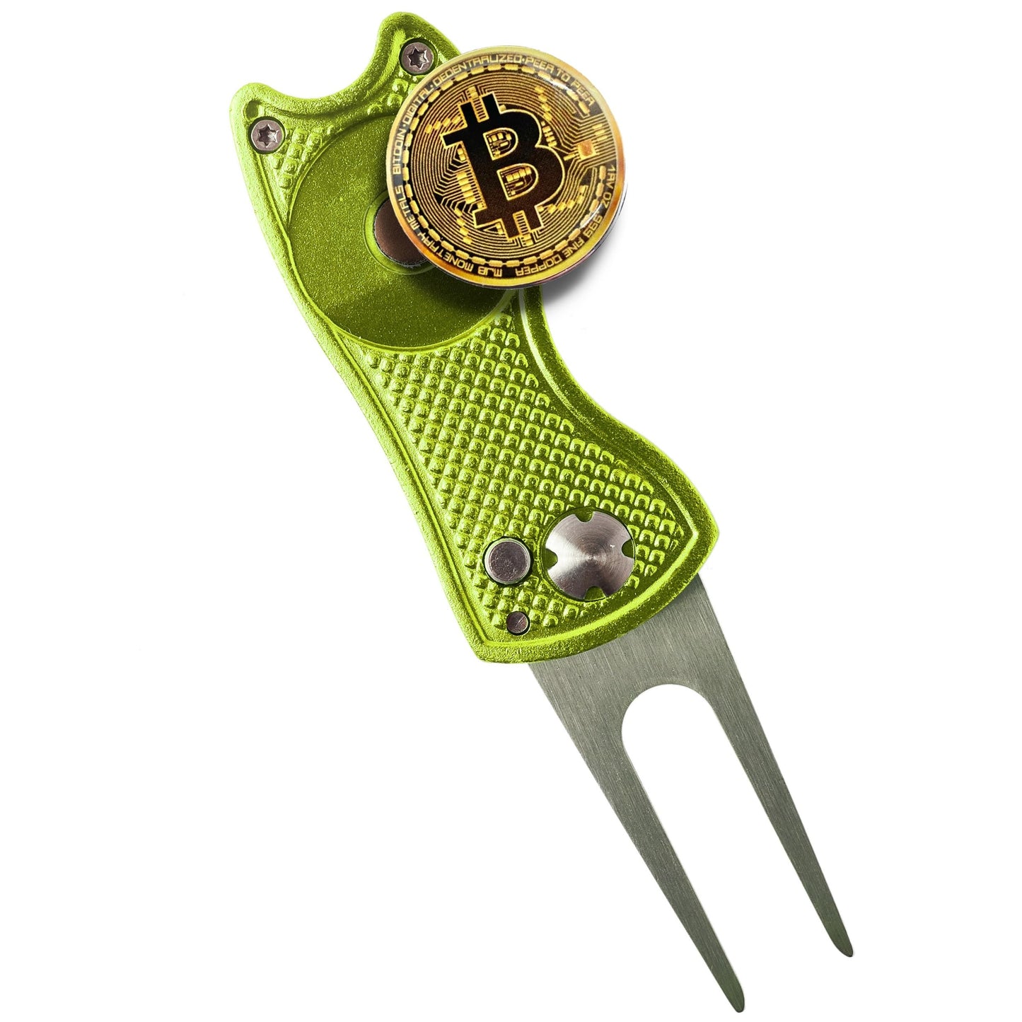 Bitcoin Golf Divot Repair Tool, All-Metal Golf Accessories - 3- in-1 Golf Multitool (Divot Tool, Ball Marker, Club Holder) | Foldable with with Pop-up Button & Magnetic Ball Marker