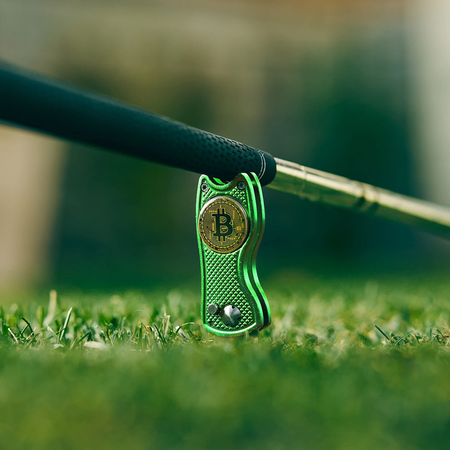 Bitcoin Golf Divot Repair Tool, All-Metal Golf Accessories - 3- in-1 Golf Multitool (Divot Tool, Ball Marker, Club Holder) | Foldable with with Pop-up Button & Magnetic Ball Marker