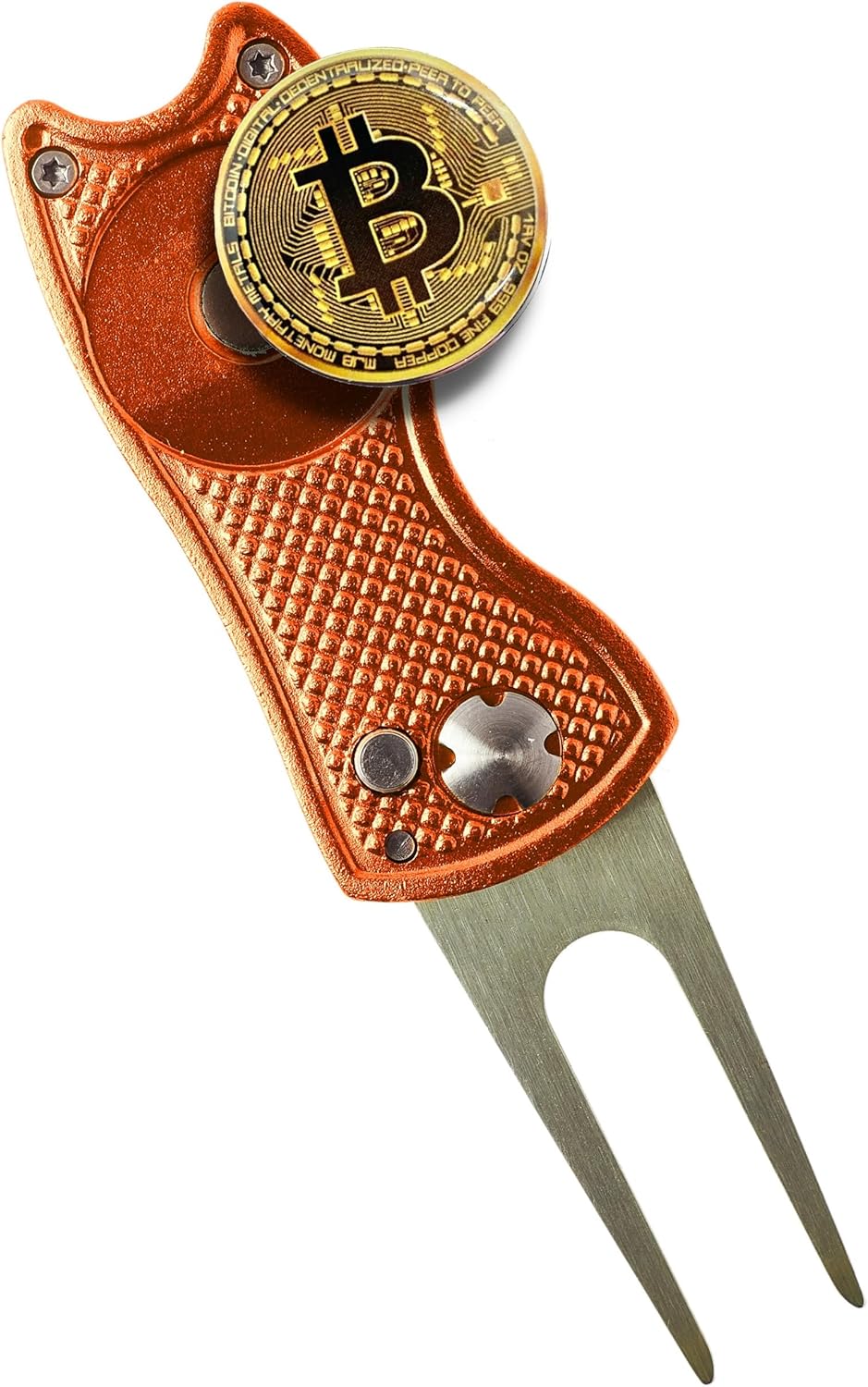 Bitcoin Golf Divot Repair Tool, All-Metal Golf Accessories - 3- in-1 Golf Multitool (Divot Tool, Ball Marker, Club Holder) | Foldable with with Pop-up Button & Magnetic Ball Marker