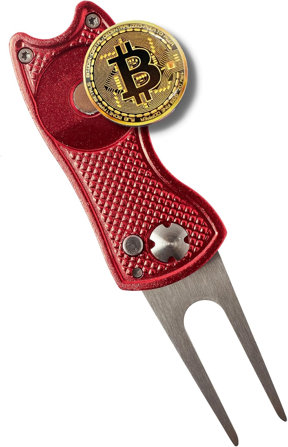 Bitcoin Golf Divot Repair Tool, All-Metal Golf Accessories - 3- in-1 Golf Multitool (Divot Tool, Ball Marker, Club Holder) | Foldable with with Pop-up Button & Magnetic Ball Marker