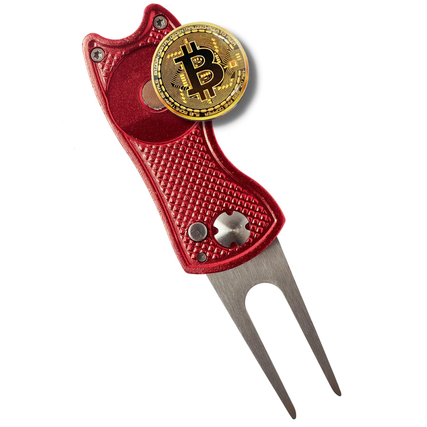 Bitcoin Golf Divot Repair Tool, All-Metal Golf Accessories - 3- in-1 Golf Multitool (Divot Tool, Ball Marker, Club Holder) | Foldable with with Pop-up Button & Magnetic Ball Marker