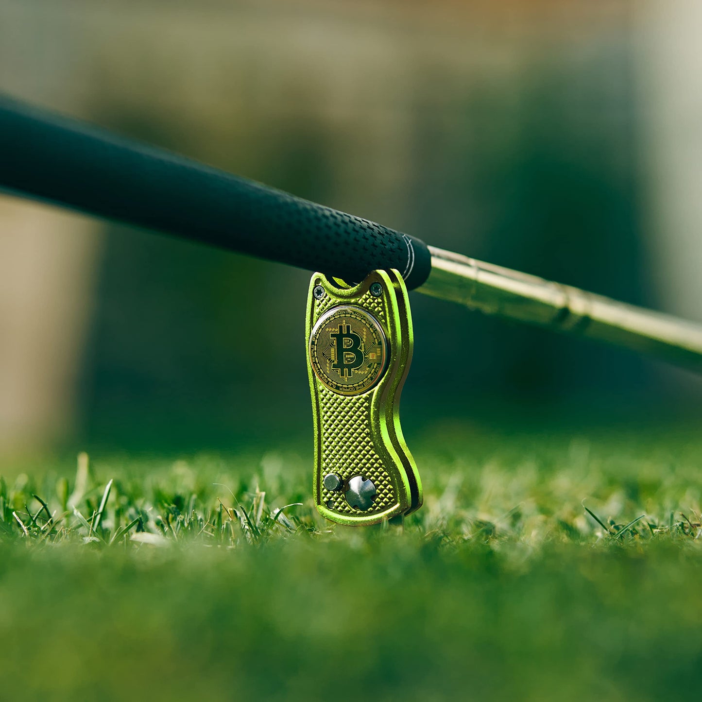 Bitcoin Golf Divot Repair Tool, All-Metal Golf Accessories - 3- in-1 Golf Multitool (Divot Tool, Ball Marker, Club Holder) | Foldable with with Pop-up Button & Magnetic Ball Marker