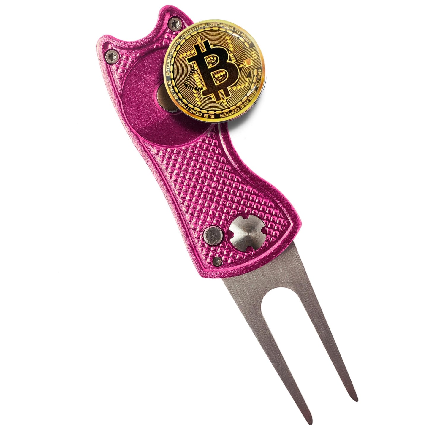 Bitcoin Golf Divot Repair Tool, All-Metal Golf Accessories - 3- in-1 Golf Multitool (Divot Tool, Ball Marker, Club Holder) | Foldable with with Pop-up Button & Magnetic Ball Marker
