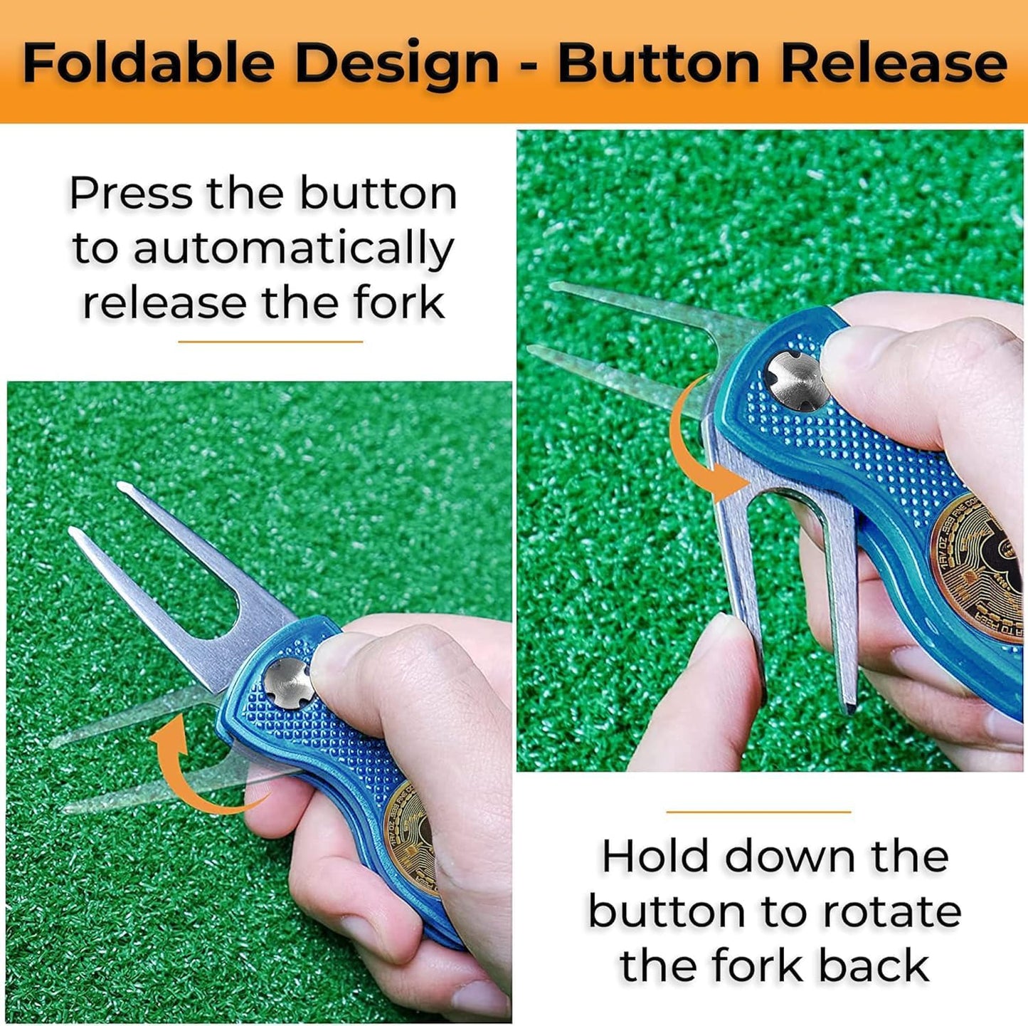 Bitcoin Golf Divot Repair Tool, All-Metal Golf Accessories - 3- in-1 Golf Multitool (Divot Tool, Ball Marker, Club Holder) | Foldable with with Pop-up Button & Magnetic Ball Marker