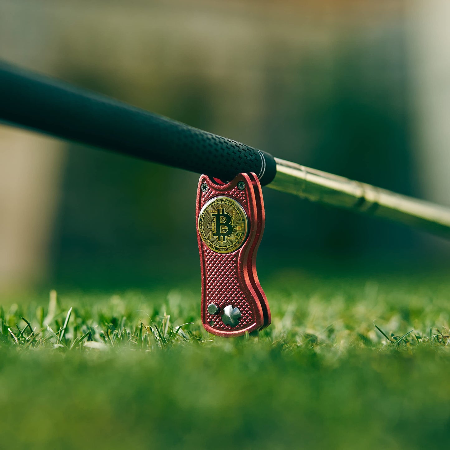 Bitcoin Golf Divot Repair Tool, All-Metal Golf Accessories - 3- in-1 Golf Multitool (Divot Tool, Ball Marker, Club Holder) | Foldable with with Pop-up Button & Magnetic Ball Marker