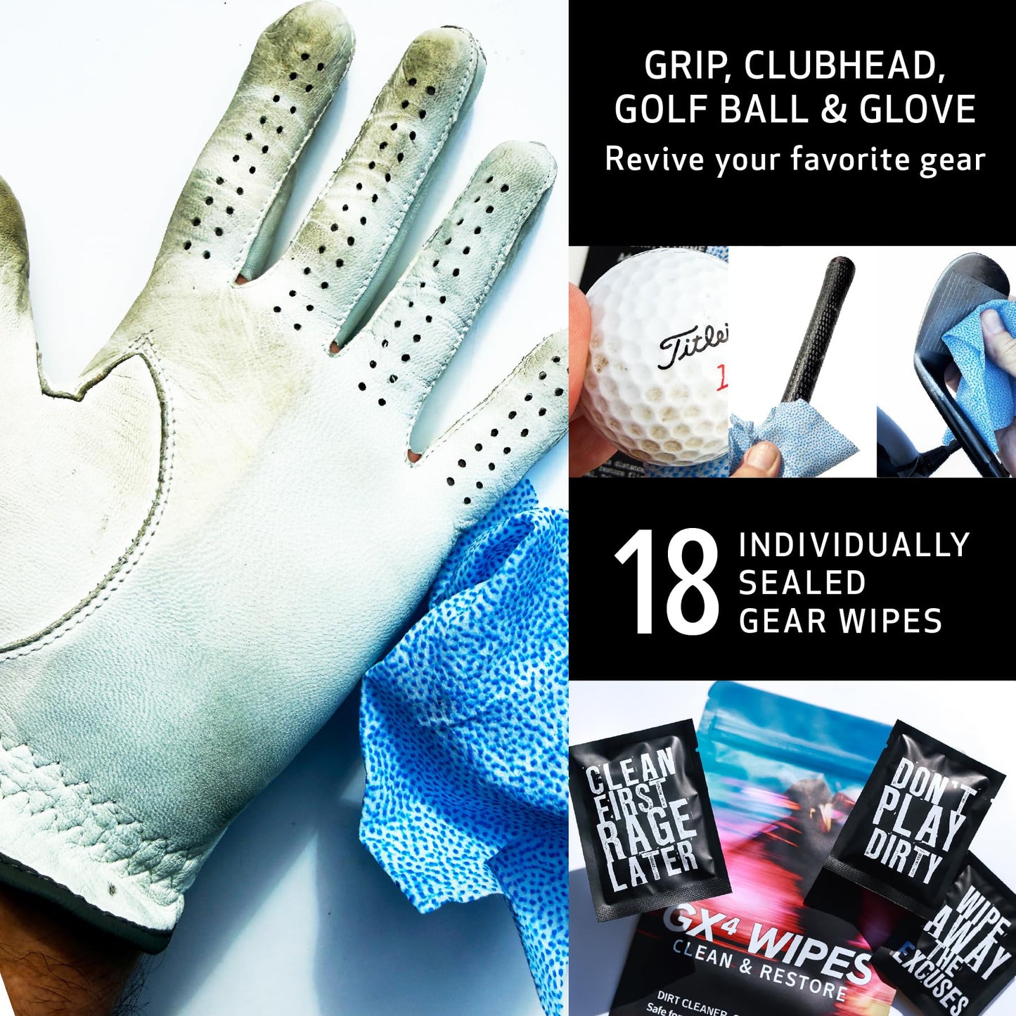 HODL 21 GX4 Golf Grip & Gear Cleaning Wipes – 18 Individually Wrapped Dual Texture Wipes for Grips, Clubfaces, Balls & Gloves – Restores Tack, Removes Sweat & Oils – No Mess