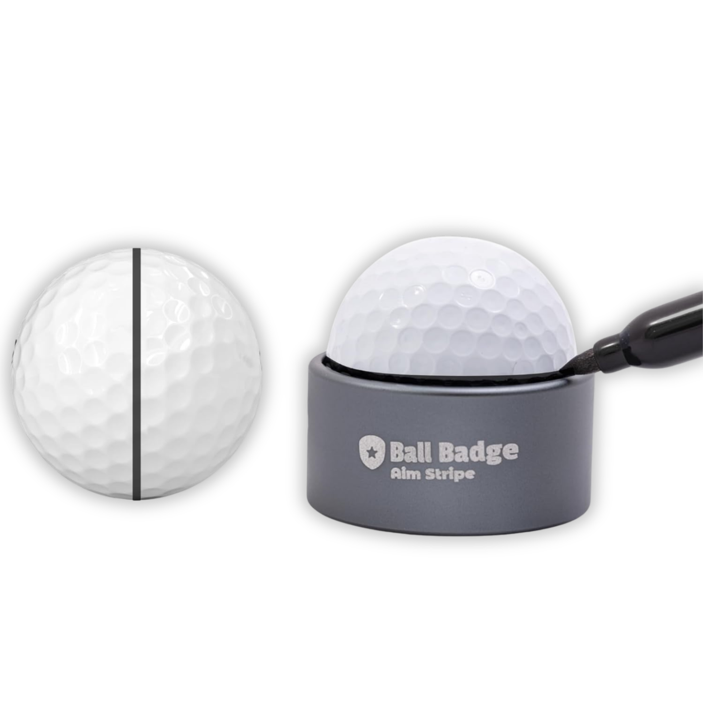 Ball Badge - Aim Stripe - 360 Degree Golf Ball Line Marker Kit with Golf Bag Attachment - Golf Ball Alignment Marker Tool - Full Metal Alignment Ball Marker - Putting Alignment Tool