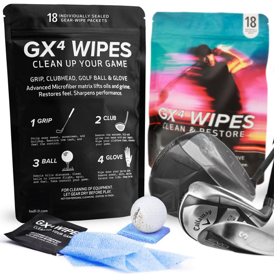 HODL 21 GX4 Golf Grip & Gear Cleaning Wipes – 18 Individually Wrapped Dual Texture Wipes for Grips, Clubfaces, Balls & Gloves – Restores Tack, Removes Sweat & Oils – No Mess