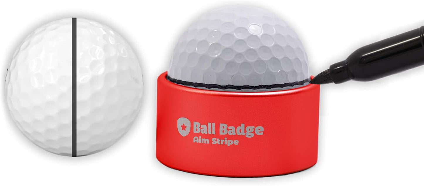 Ball Badge - Aim Stripe - 360 Degree Golf Ball Line Marker Kit with Golf Bag Attachment - Golf Ball Alignment Marker Tool - Full Metal Alignment Ball Marker - Putting Alignment Tool